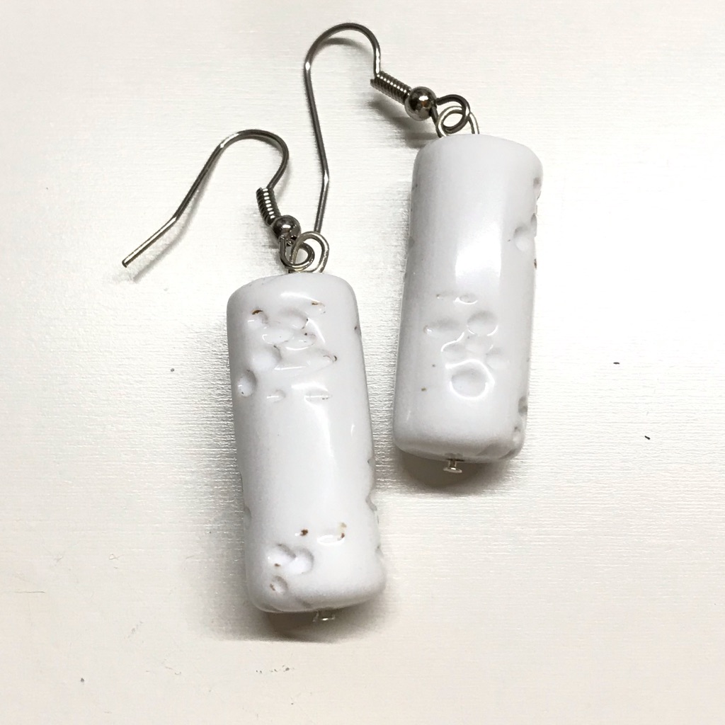 White Cylinder Dangle Earrings Handmade Munandme
